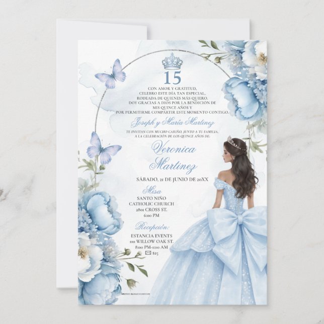 Spanish Dusty Blue Floral Princess Silver 15 Años  Invitation (Front)