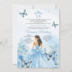Spanish Dusty Blue Princess Butterfly Bow 15 Años Invitation