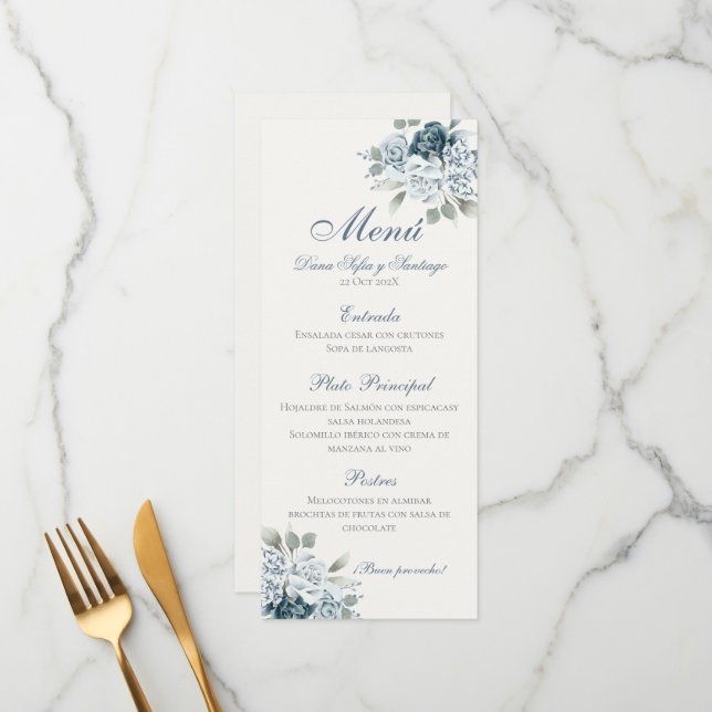 Spanish Dusty Blue Wedding Menu (Front/Back In Situ)