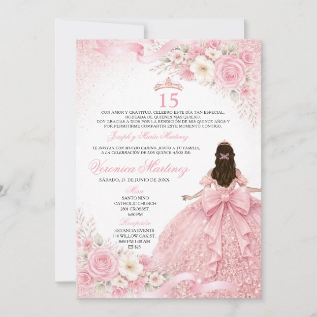 Spanish Dusty Pink Charra Princess Floral 15 Años Invitation (Front)
