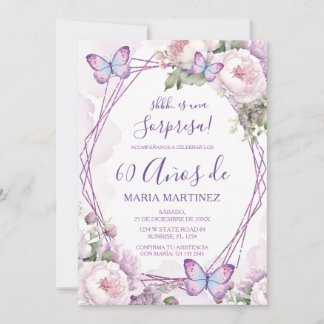 Spanish Dusty Purple Floral Sorpresa 60th Birthday Invitation