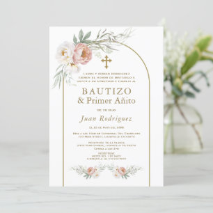Spanish Dusty Rose Flowers Baptism 1st Birthday Invitation