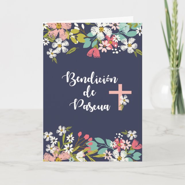 Spanish Easter Blessings with Flowers on Navy Card (Front)