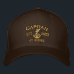 SPANISH El Capitan Your Name and Year Embroidered Hat<br><div class="desc">A Spanish Captain nautical style gold rope anchor personalised embroidered baseball cap. Casual fashion that will make an impression on, or off the boat! Personalise this embroidery design with your text and a year. Use the "Ask this Designer" link to contact us with your special design requests or for some...</div>