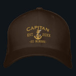 SPANISH El Capitan Your Name and Year Embroidered Hat<br><div class="desc">A Spanish Captain nautical style gold rope anchor personalised embroidered baseball cap. Casual fashion that will make an impression on, or off the boat! Personalise this embroidery design with your text and a year. Use the "Ask this Designer" link to contact us with your special design requests or for some...</div>