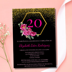 Spanish Elegant Black Gold Pink 20th Birthday Invitation