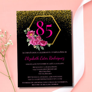 Spanish Elegant Black Gold & Pink 85th Birthday Invitation