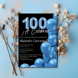 Spanish Elegant Blue Balloons Black 100th Birthday Invitation
