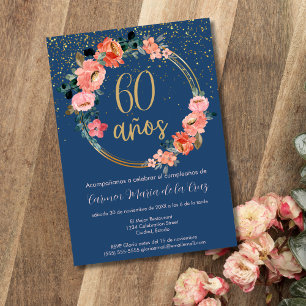 Spanish Elegant Blue Floral 60th Birthday Party Invitation