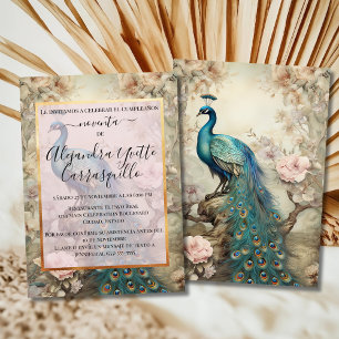Spanish Elegant Blue & Gold Peacock 90th Birthday Invitation