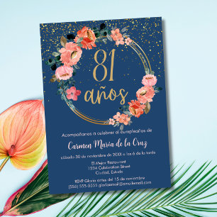 Spanish Elegant Blue Pink Floral 81st Birthday  Invitation