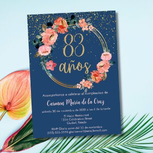 Spanish Elegant Blue Pink Floral 83rd Birthday  Invitation