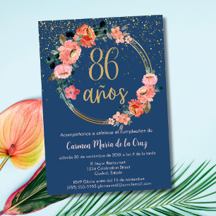 Spanish Elegant Blue Pink Floral 86th Birthday  Invitation