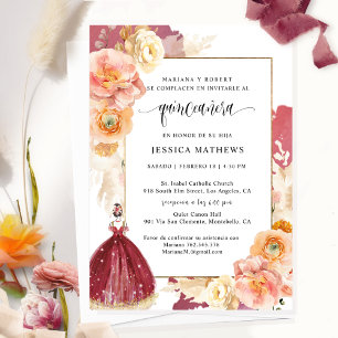 Spanish, Elegant Burgundy Floral Quinceañera Invitation
