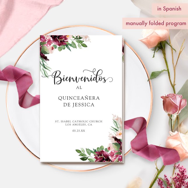 Spanish, Elegant Burgundy Quinceañera Program (Creator Uploaded)
