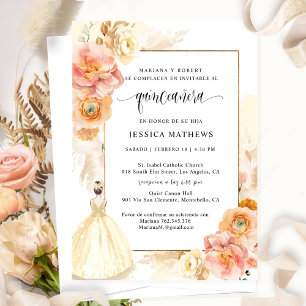 Spanish, Elegant Champagne Floral Quinceañera Invitation