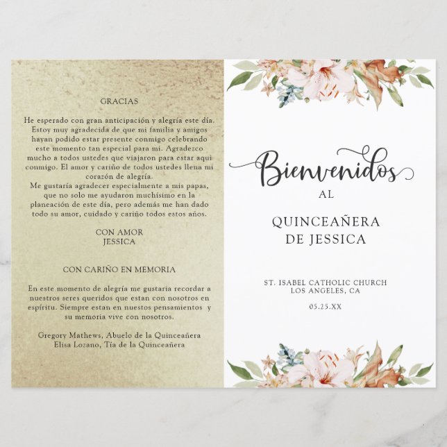 Spanish Elegant Champagne Gold Quinceañera Program (Front)