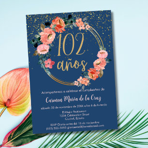 Spanish Elegant Chic Blue Pink 102nd Birthday Invitation