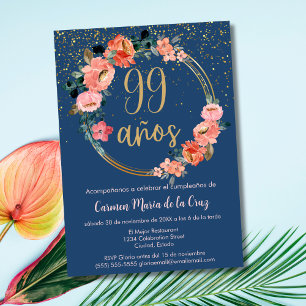 Spanish Elegant Chic Blue Pink 99th Birthday Invitation