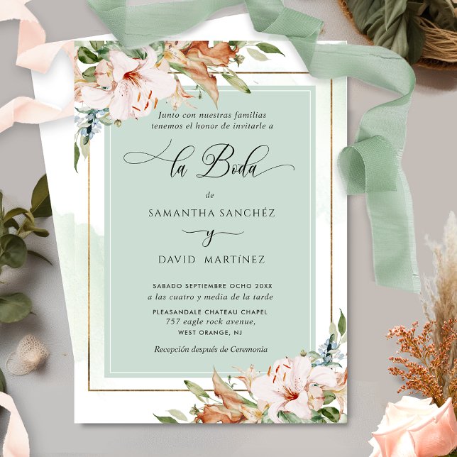 Spanish, Elegant Dusty Rose, Sage Floral Wedding Invitation (Creator Uploaded)