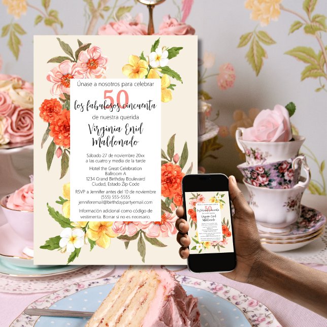Spanish Elegant Florals White Frame 50th Birthday Invitation (Creator Uploaded)