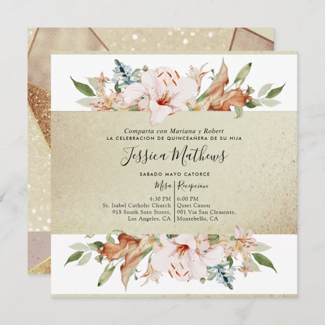 Spanish, Elegant Gold Champagne Floral Quinceañera Invitation (Front/Back)