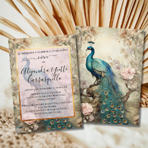 Spanish Elegant Golden Blue Peacock 100th Birthday Invitation