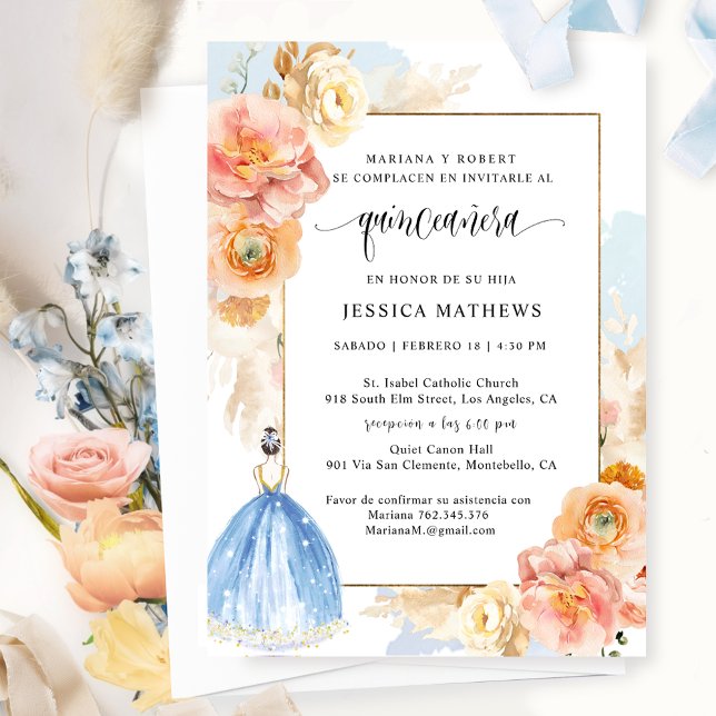 Spanish, Elegant Light Blue Floral Quinceañera Invitation (Creator Uploaded)