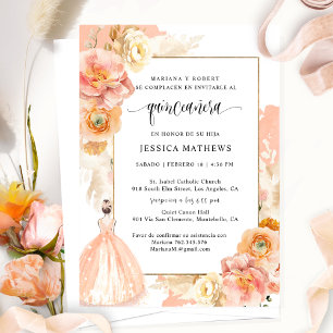 Spanish, Elegant Peach Floral Quinceañera Invitation