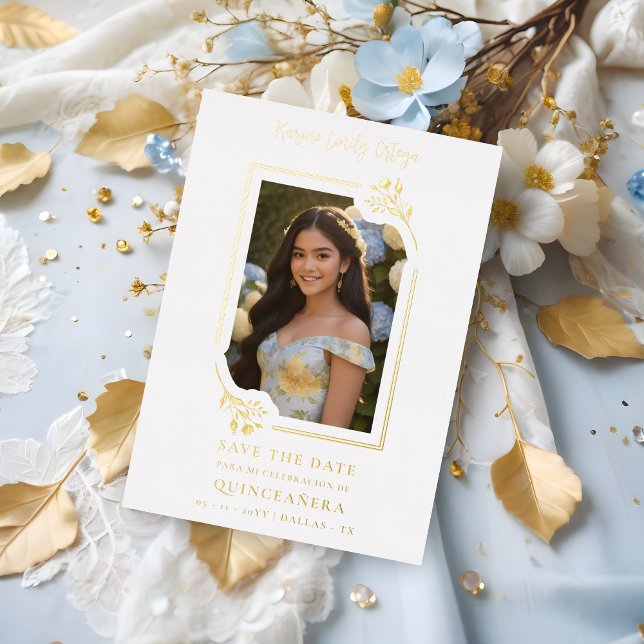 Spanish Elegant Photo Quinceañera Yellow Floral (Spanish Elegant Photo Quinceañera Floral Frame in Golden Metallic Foil Save the Date Card. )