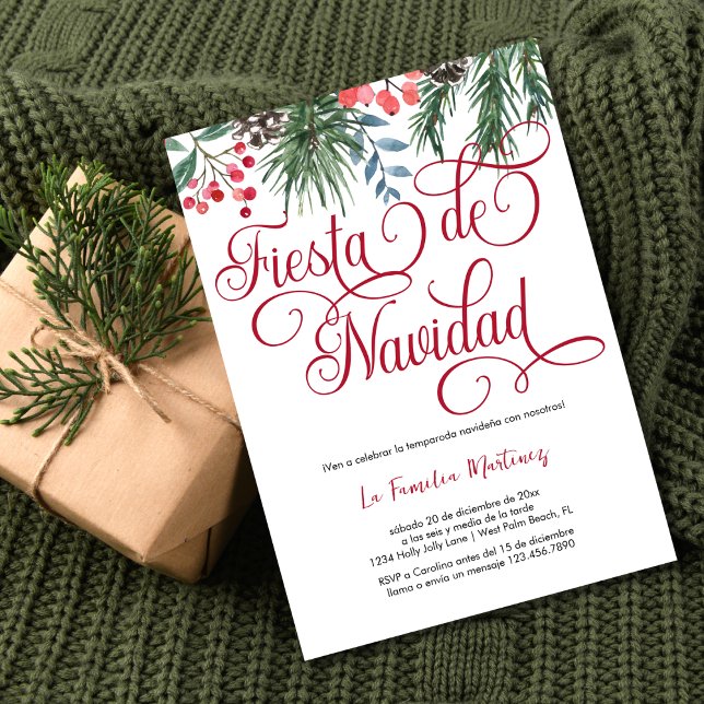 Spanish Elegant Pine Red Script Christmas Party  Invitation (Creator Uploaded)