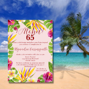 Spanish Elegant Pink Aloha Colourful 65th Birthday Invitation