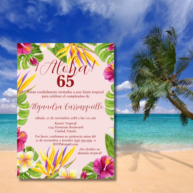 Spanish Elegant Pink Aloha Colourful 65th Birthday Invitation (Creator Uploaded)