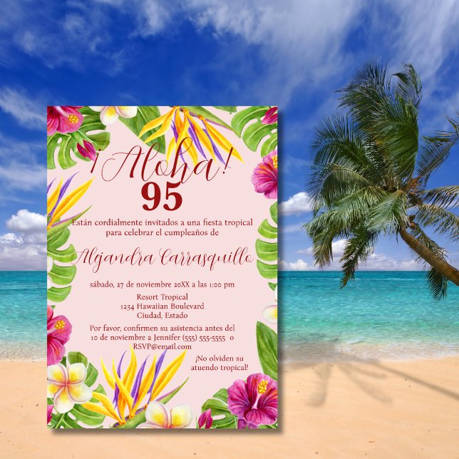 Spanish Elegant Pink Aloha Colourful 95th Birthday Invitation (Creator Uploaded)
