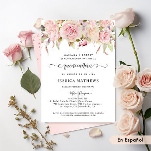 Spanish Elegant Pink, Blush, Rose Gold Quinceañera Invitation