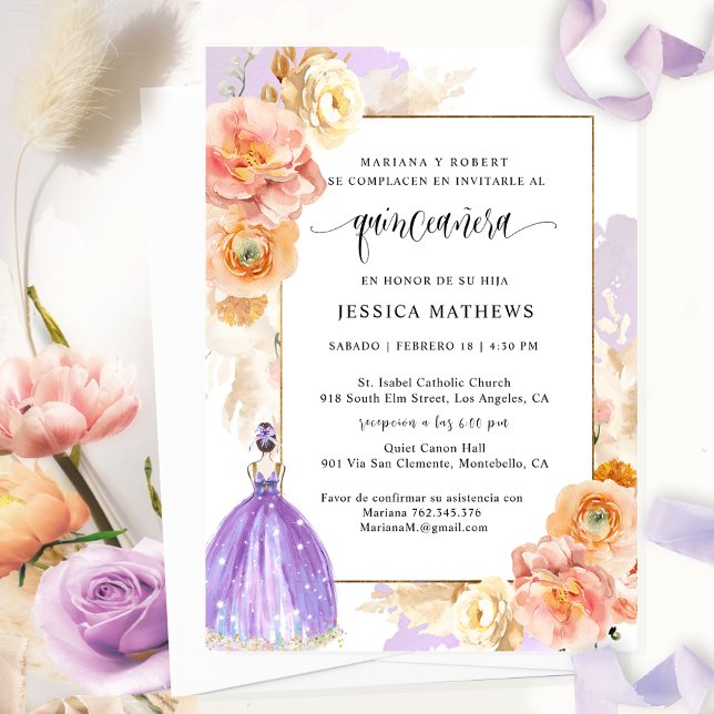 Spanish, Elegant Purple Floral Quinceañera Invitation (Creator Uploaded)