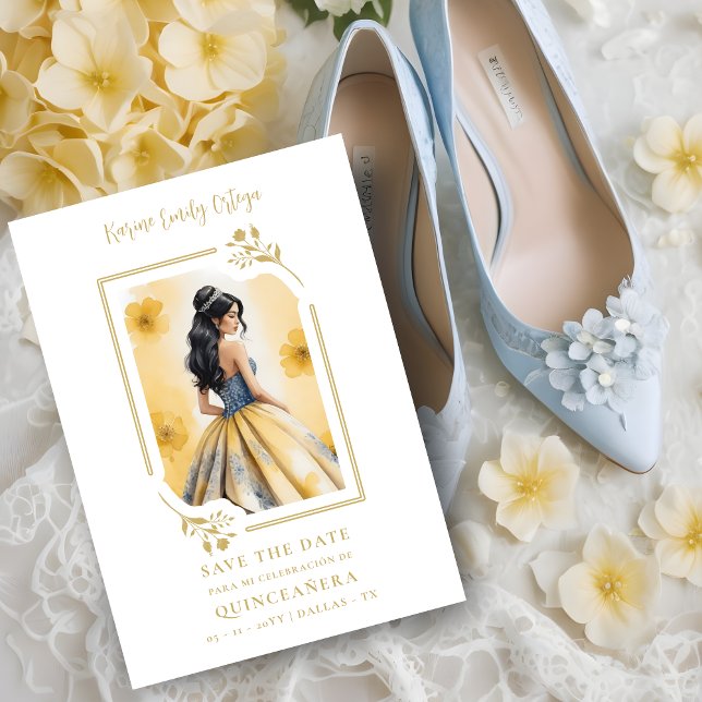 Spanish Elegant Quinceañera Yellow Doll Frame Save The Date (Spanish Elegant Quinceañera in Yellow Doll Floral with a Frame Save the Date Card. )