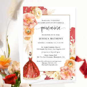 Spanish, Elegant Red Floral Quinceañera Invitation