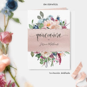 Spanish, Elegant Rose Gold Folded Quinceañera Invitation
