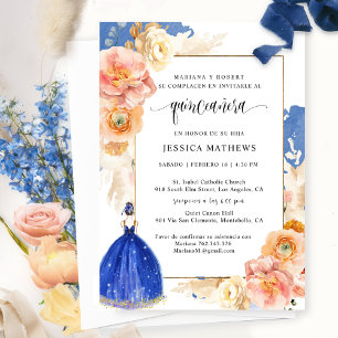Spanish, Elegant Royal Blue Floral Quinceañera Invitation