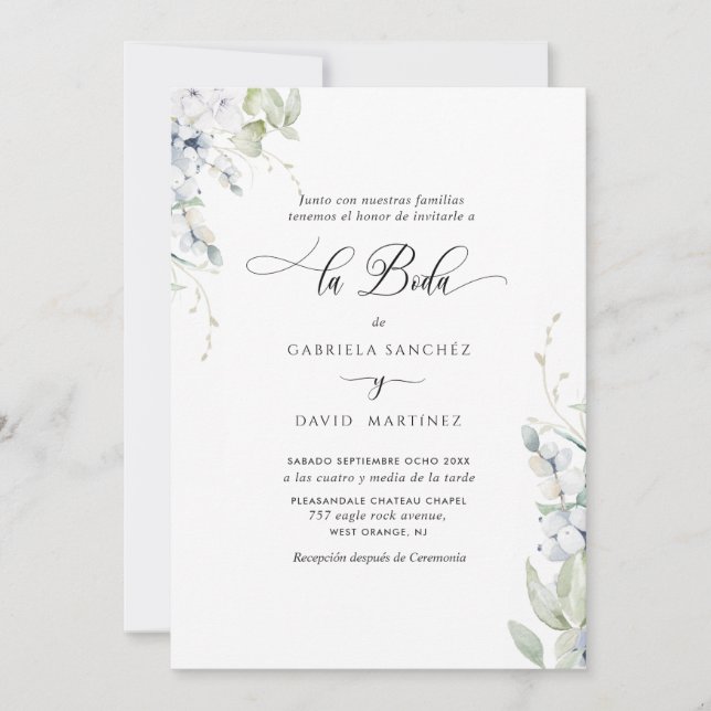 Spanish, Elegant White and Blue Floral Wedding Invitation (Front)