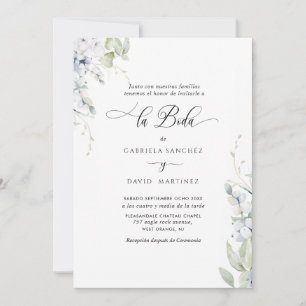 Spanish, Elegant White and Blue Floral Wedding Invitation