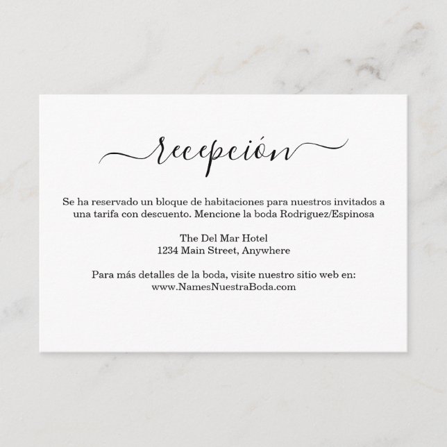 Spanish Elegante Bianco Y Negro Boda Information  Enclosure Card (Front)