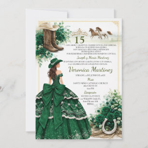 Spanish Emerald Green Floral Charro Girl 15 Años Invitation