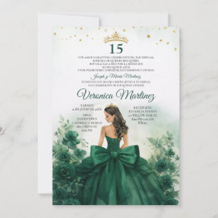 Spanish Emerald Green Floral Princess Bow 15 Años Invitation