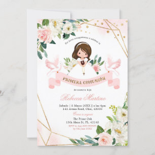Spanish English Pink Gold Floral Girl Christening Invitation