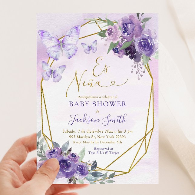 Spanish Es Niña Purple Floral Baby Shower Invitation (Creator Uploaded)