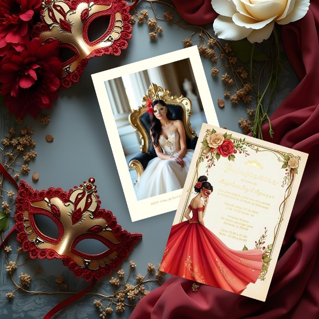 Spanish Exquisite Chic Quinceañera Masquerade Ball (Spanish Exquisite Elegant Quinceañera Masquerade Ball Golden Metallic Foil Invitation Cards.)