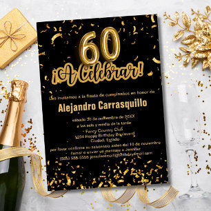 Spanish Fancy Black & Gold Confetti 60th Birthday Invitation