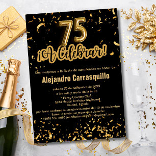 Spanish Fancy Black & Gold Confetti 75th Birthday Invitation